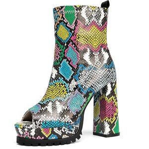 Women's Open Toe Ankle Boots, Chunky Block Heel, Nylon Mesh Upper, Slip-On Sock
